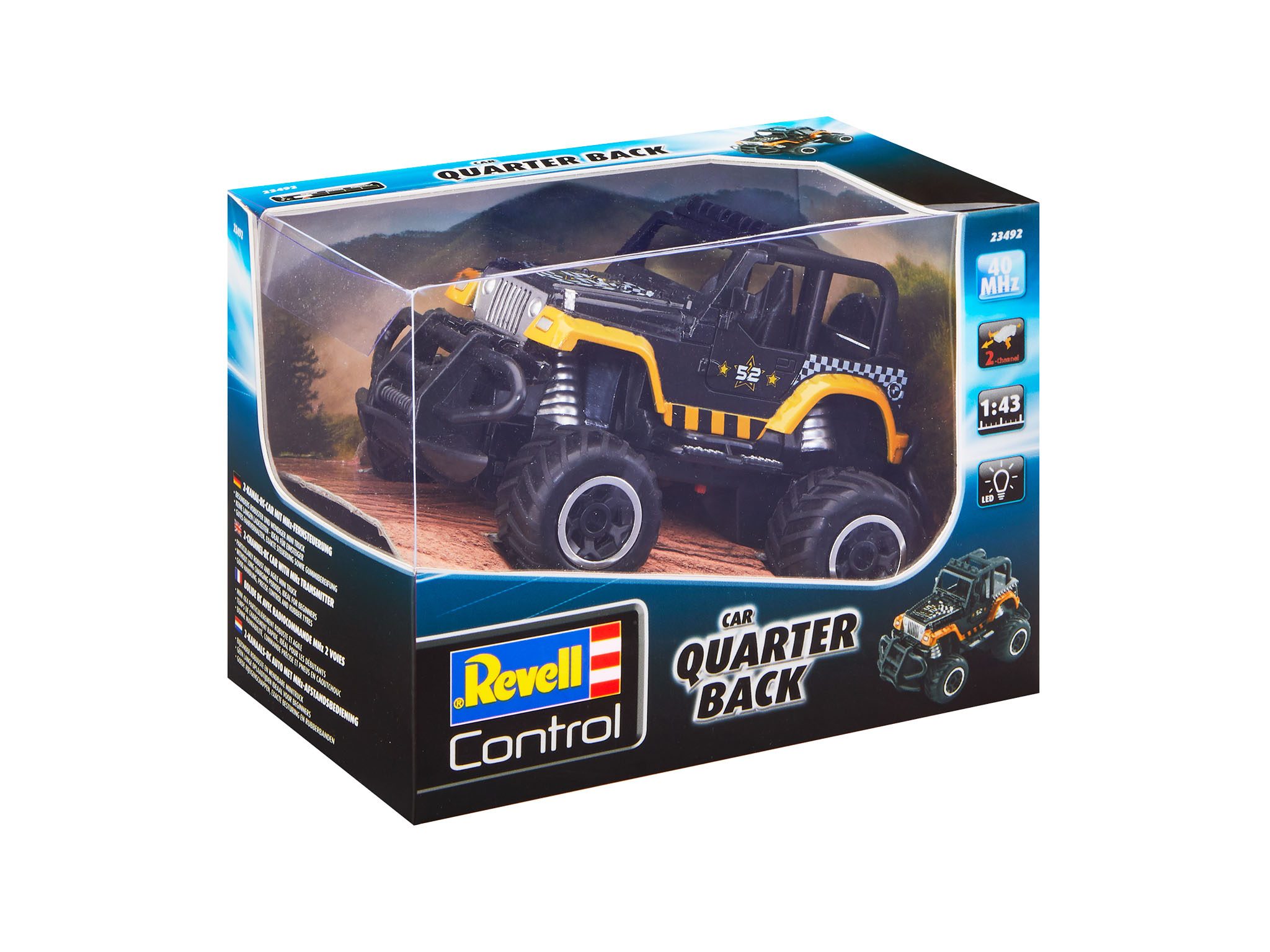 Ein schwarz-gelbes Spielzeugauto in einer Box mit Text.