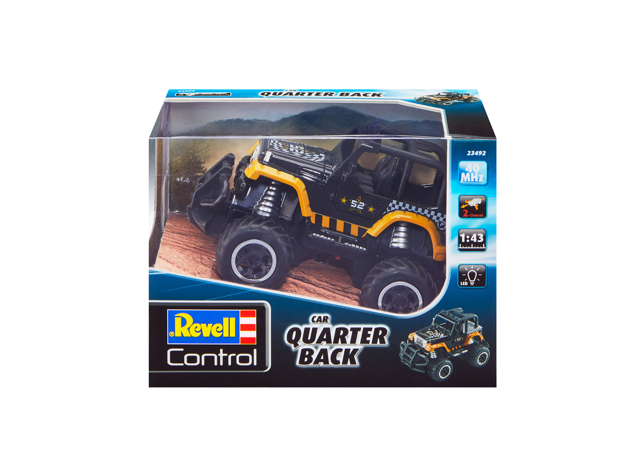 Schwarzes und gelbes Spielzeugauto in der Verpackung. Es ist ein 1:43-Modell eines Quarter Back.