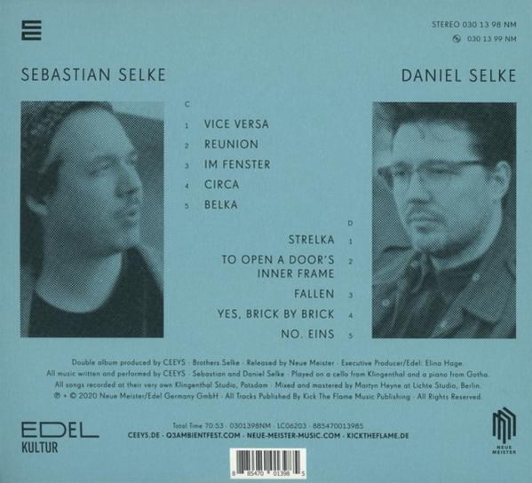 Albumcover mit zwei Männern. Text und Albumdetails sind sichtbar, auf hellblauem Hintergrund.