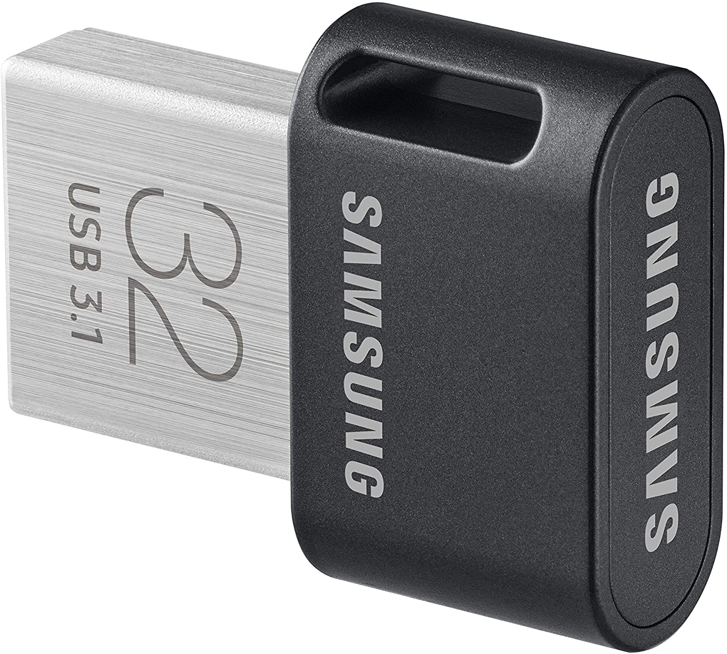 Unidad USB Samsung plateada y negra. 'USB 3.1' y '32' en la parte plateada. 'SAMSUNG' en negro.