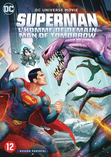 Superman-filmposter. Superman staat tegenover een paars monster in een stedelijke omgeving.