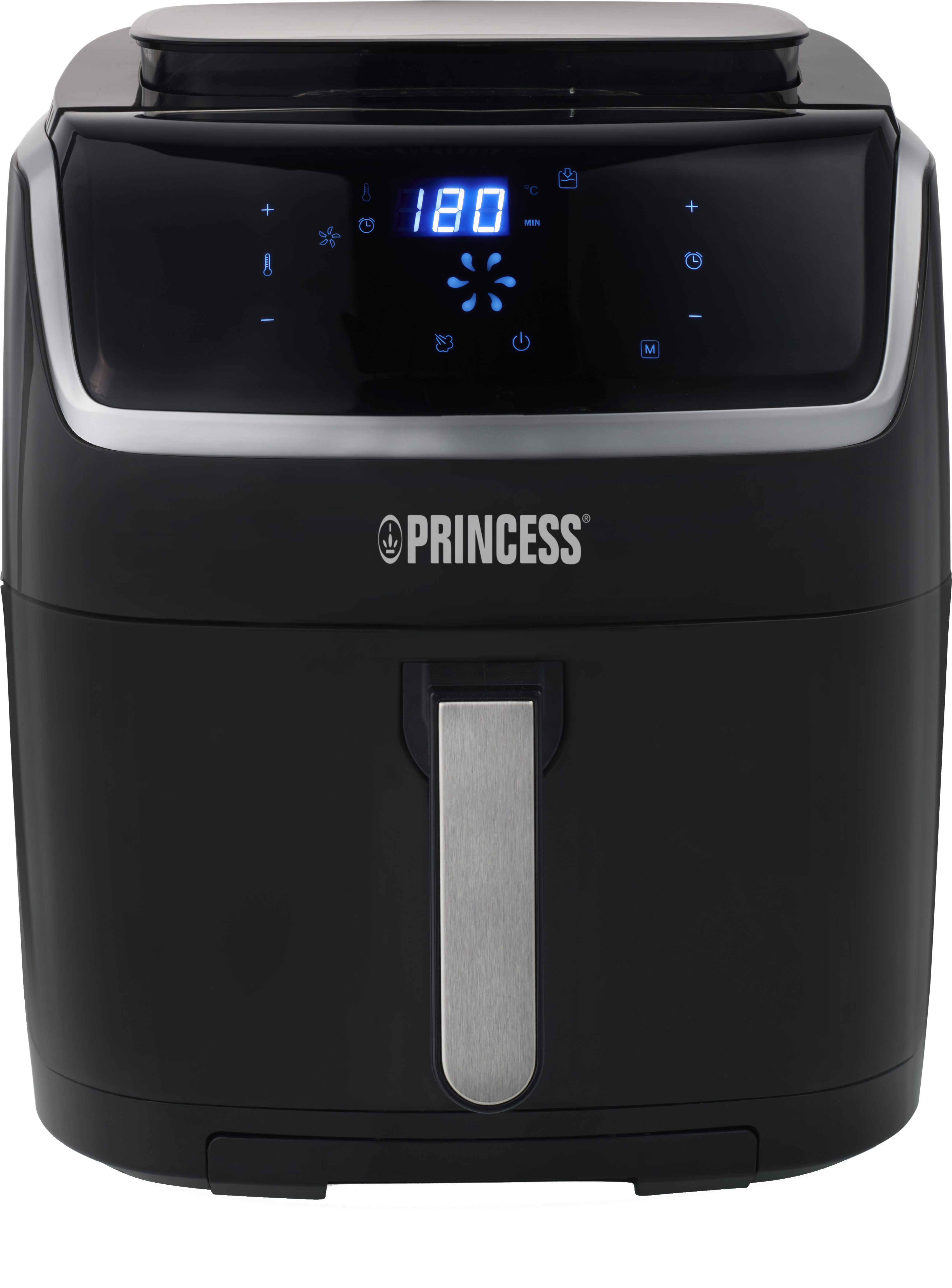 Een zwarte Princess airfryer met een digitaal display dat 180 graden en een bloempictogram weergeeft.