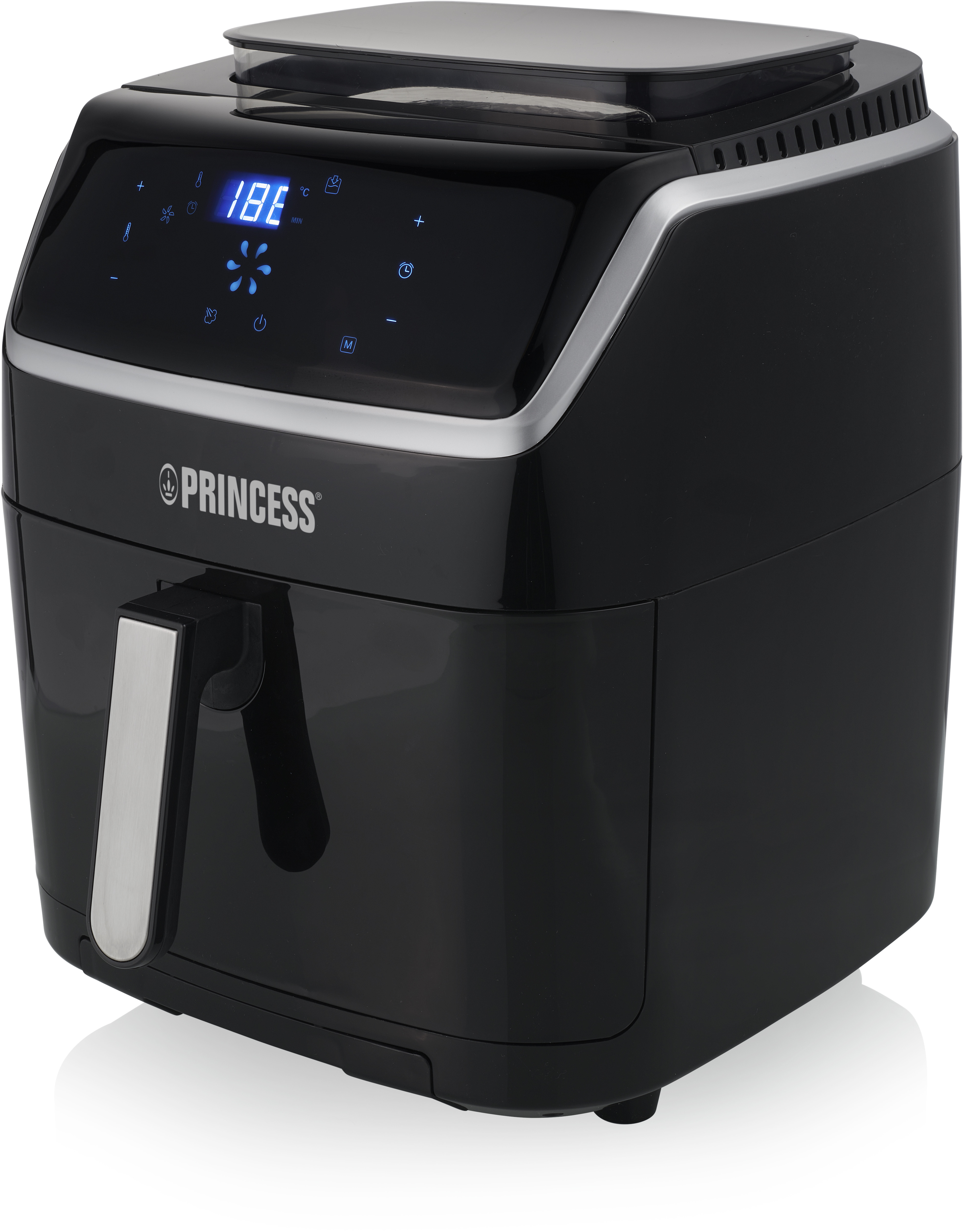 Zwarte airfryer met display en handvat, zilveren afwerking.