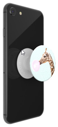 Een mobiele telefoon met een popsocket eraan, met een giraf die een bel blaast.