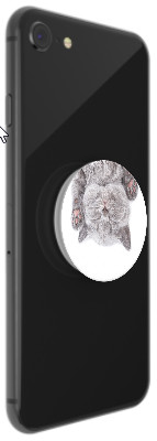 Smartphone noir avec un popsocket chat. Le chat est gris et blanc, à l'envers, sur un cercle blanc.