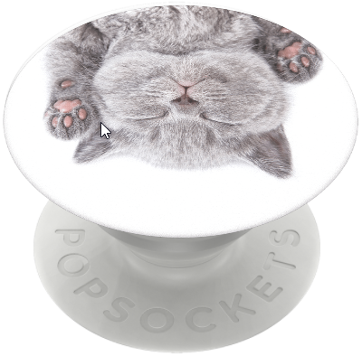 Un popsocket avec une image de chat gris. Le chat est allongé sur le dos, les pattes en l'air, les yeux fermés. Le fond est blanc.
