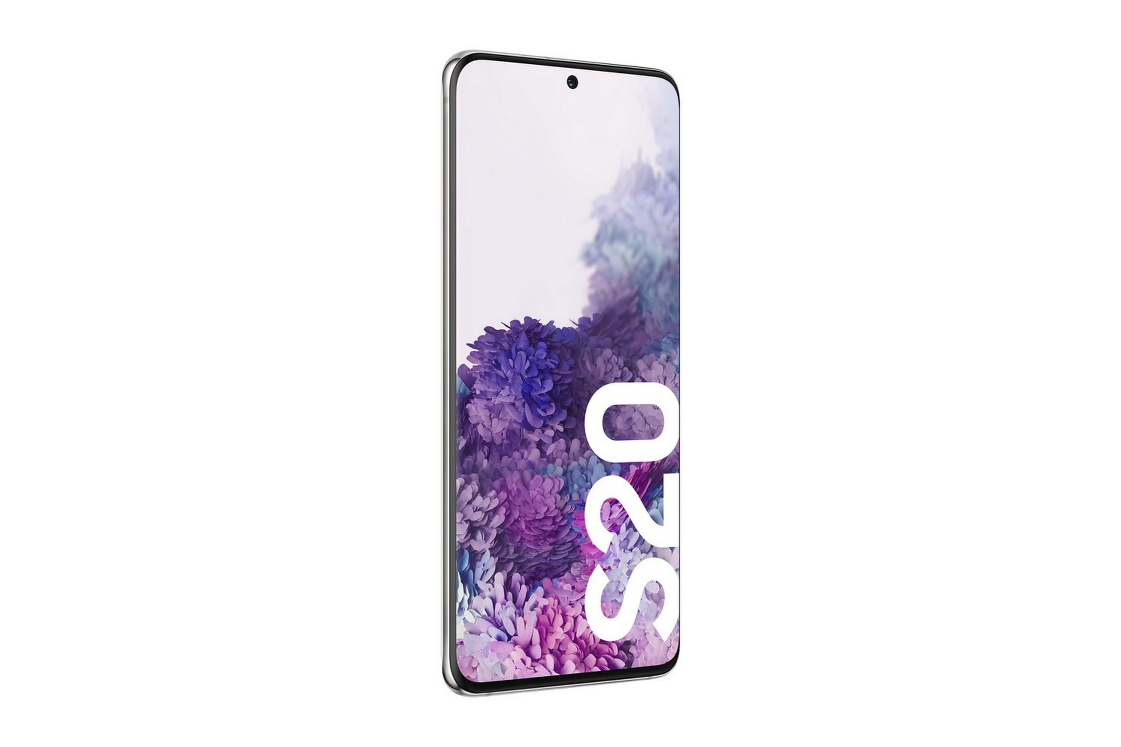 Un teléfono Samsung S20 con un fondo de pantalla floral en la pantalla, fondo blanco.