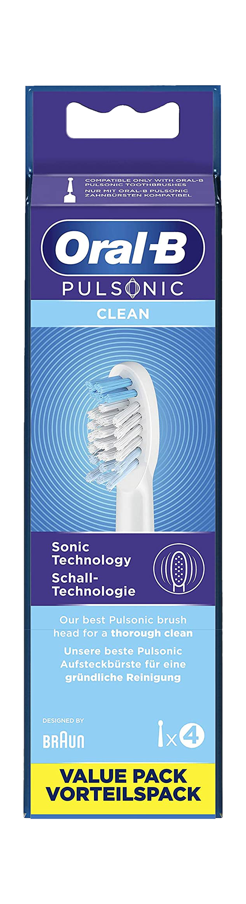 Una scatola di testine per spazzolino Oral-B Pulsionic Clean, design blu e bianco.