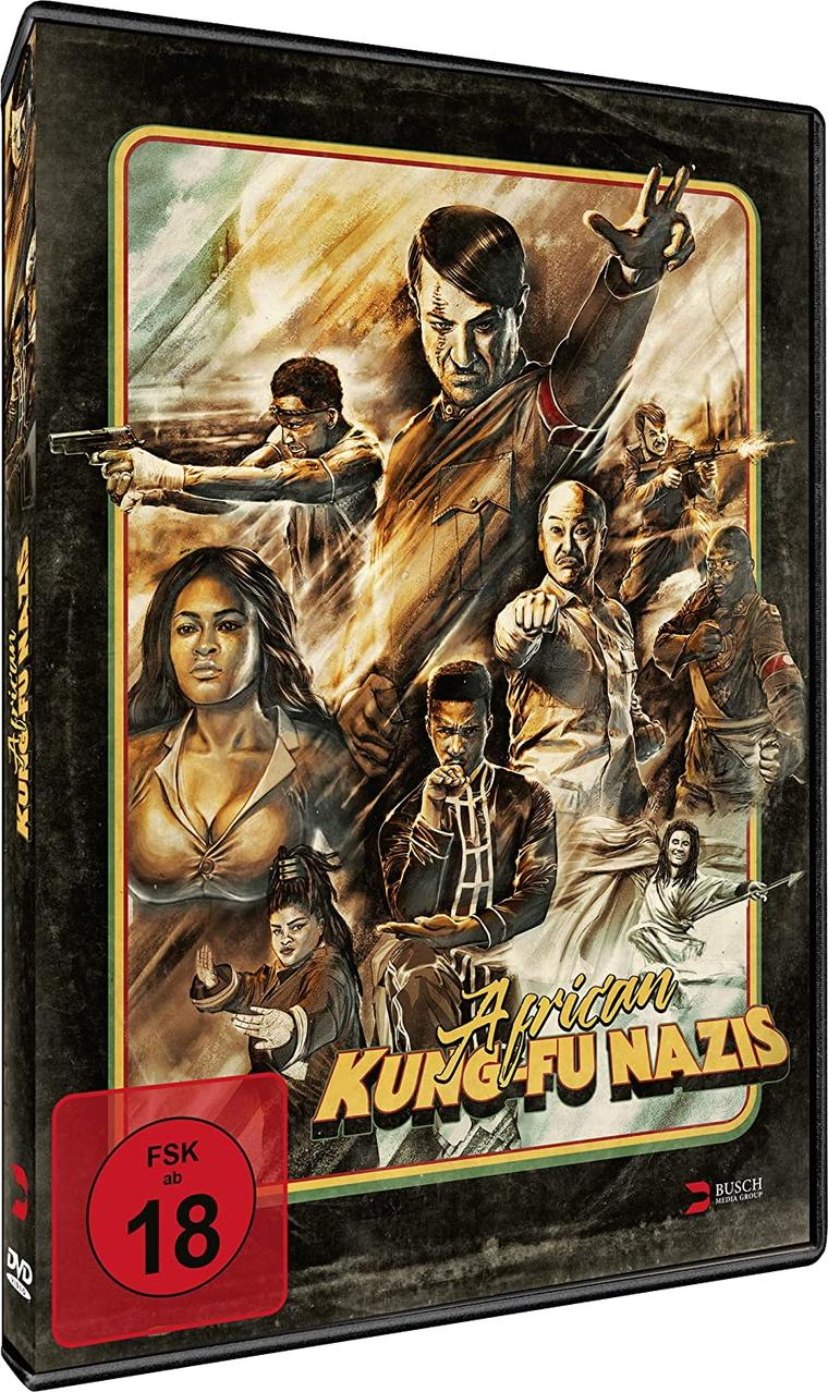 Film-DVD-Hülle. Eine Gruppe von Leuten mit einer Nazi-Figur. Der Titel lautet 'African Kung Fu Nazis'.