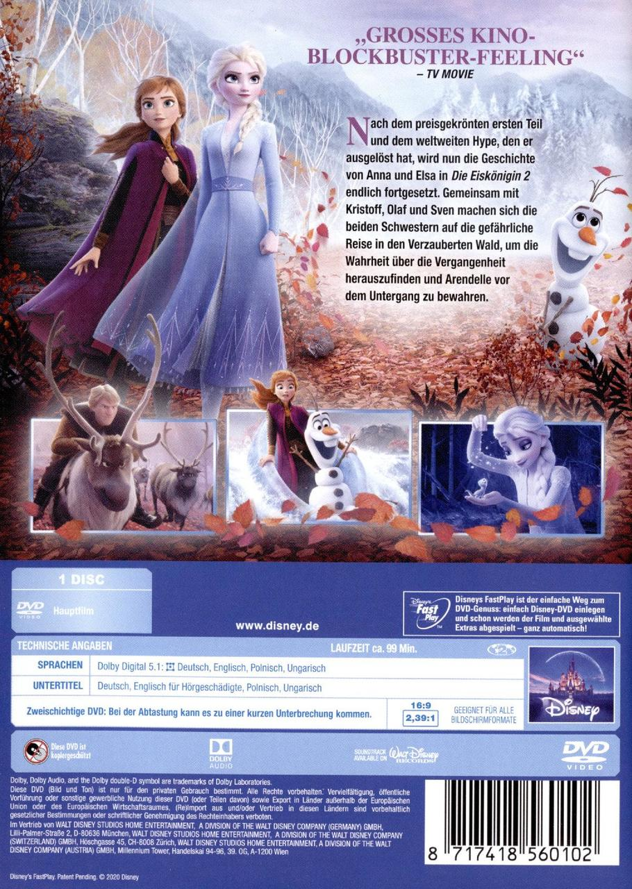 Frozen 2 DVD-Cover: Anna, Elsa, Kristoff, Olaf und Sven in einer Waldszene.
