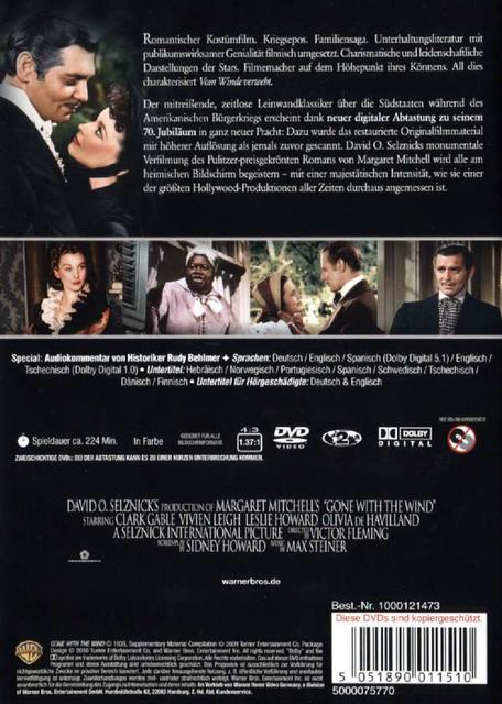 Rückseite der DVD vom Film Vom Winde verweht.