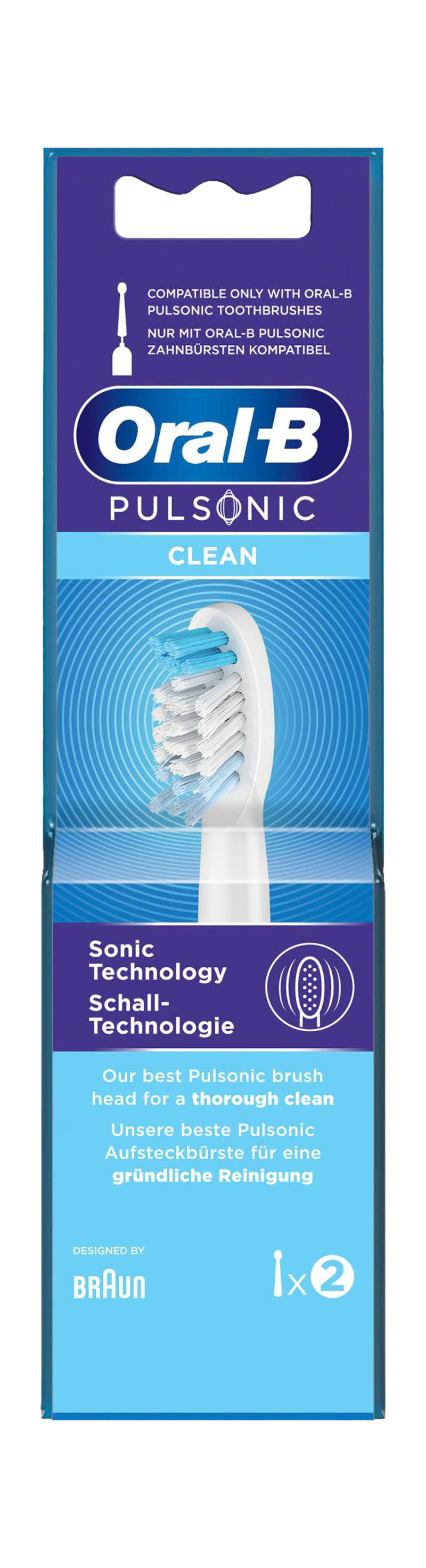 Tête de brosse à dents dans un emballage. La brosse a des poils bleus et blancs.