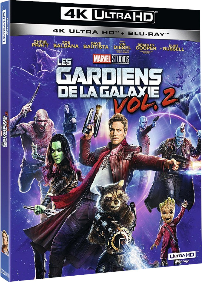Movie cover for Guardians of the Galaxy Vol. 2. Characters include Star-Lord, Gamora, Rocket, Baby Groot, and others, with a purple background.