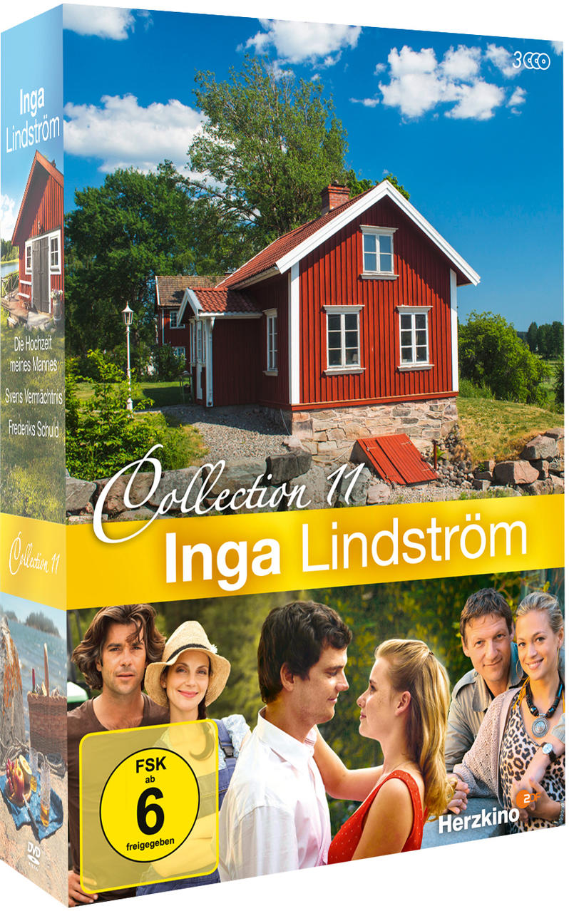 DVD-Hülle mit rotem Haus, Menschen und Text. Der Film heißt 'Inga Lindström Collection 11'.