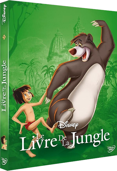 Couverture DVD du Livre de la Jungle de Disney. Il présente Mowgli et Baloo avec un fond vert.