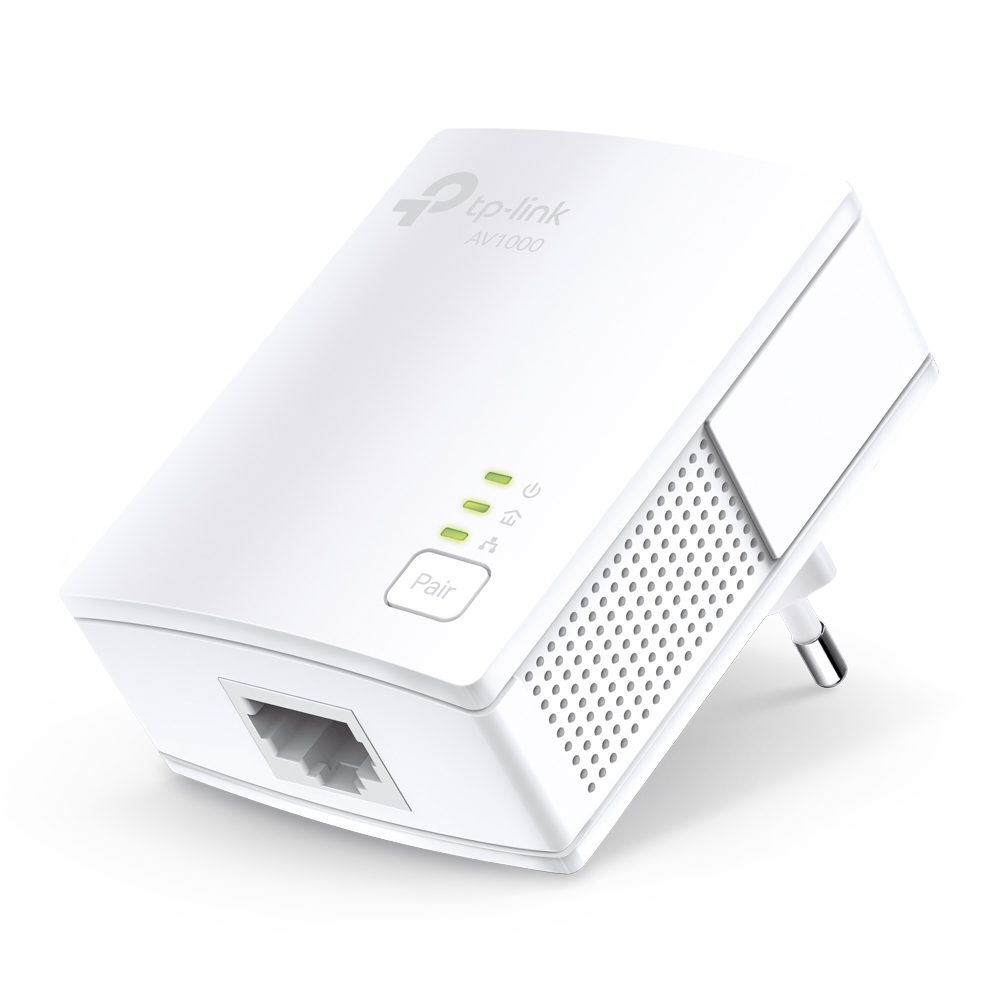 A white power adapter with a plug and green indicator lights.