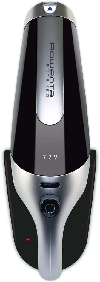 A black and silver hand vacuum on a charging base. The brand is Rowenta.