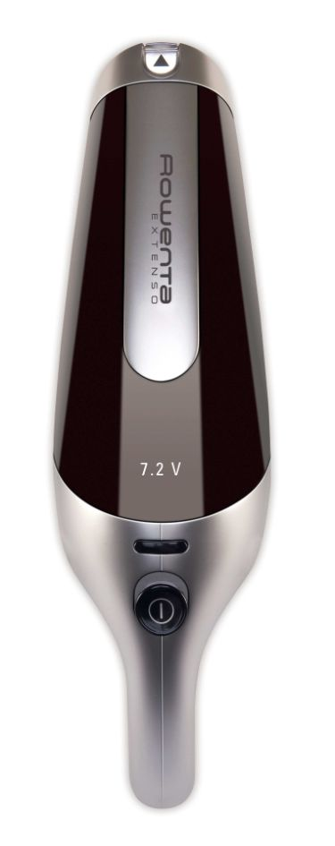A handheld vacuum cleaner in silver and black with the brand name.