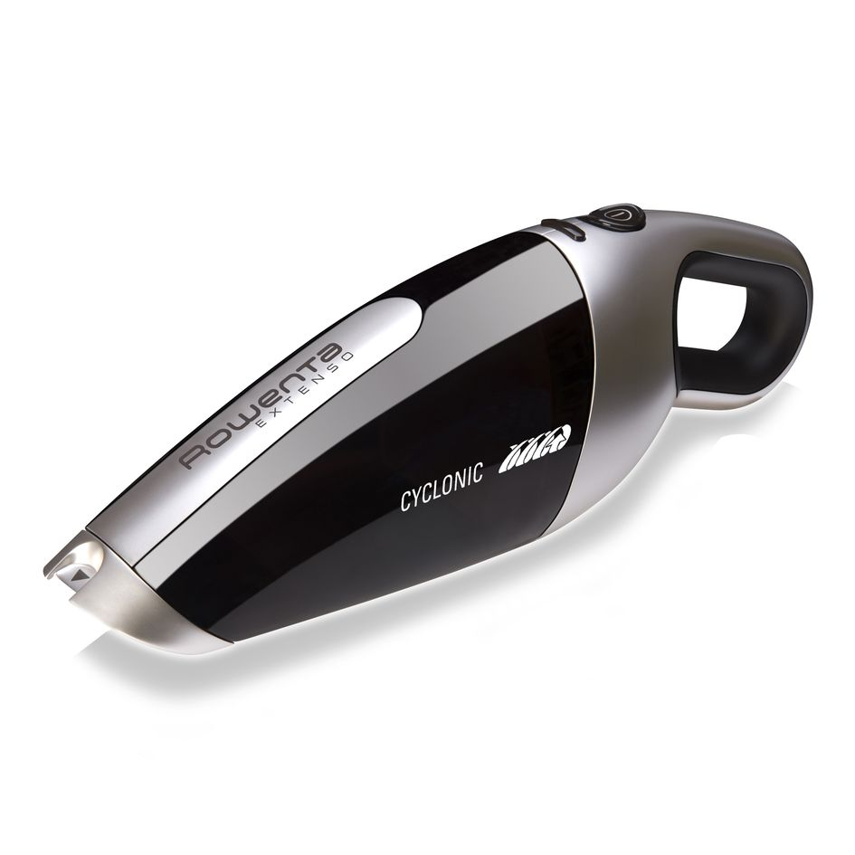 Black and silver hand vacuum cleaner on a white surface with the product name.