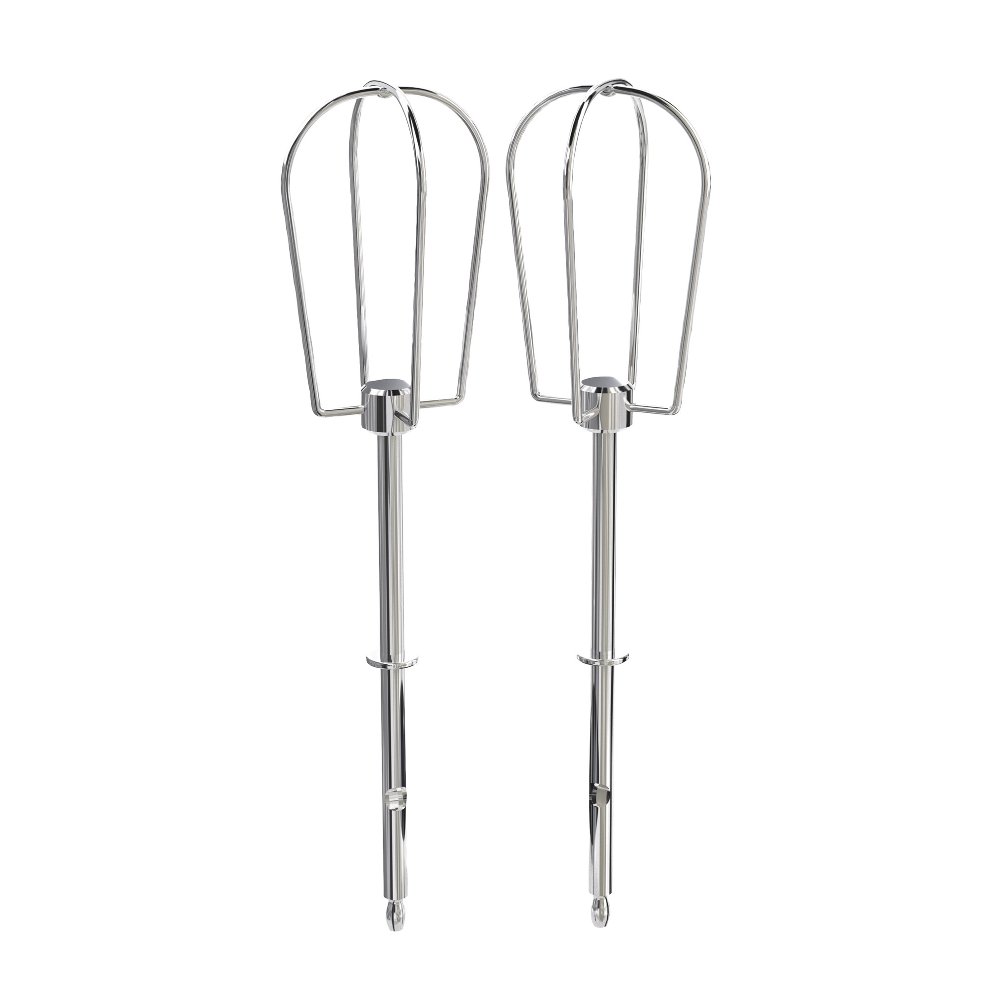 Two stainless steel mixer attachments, designed for an electric hand mixer, are shown.