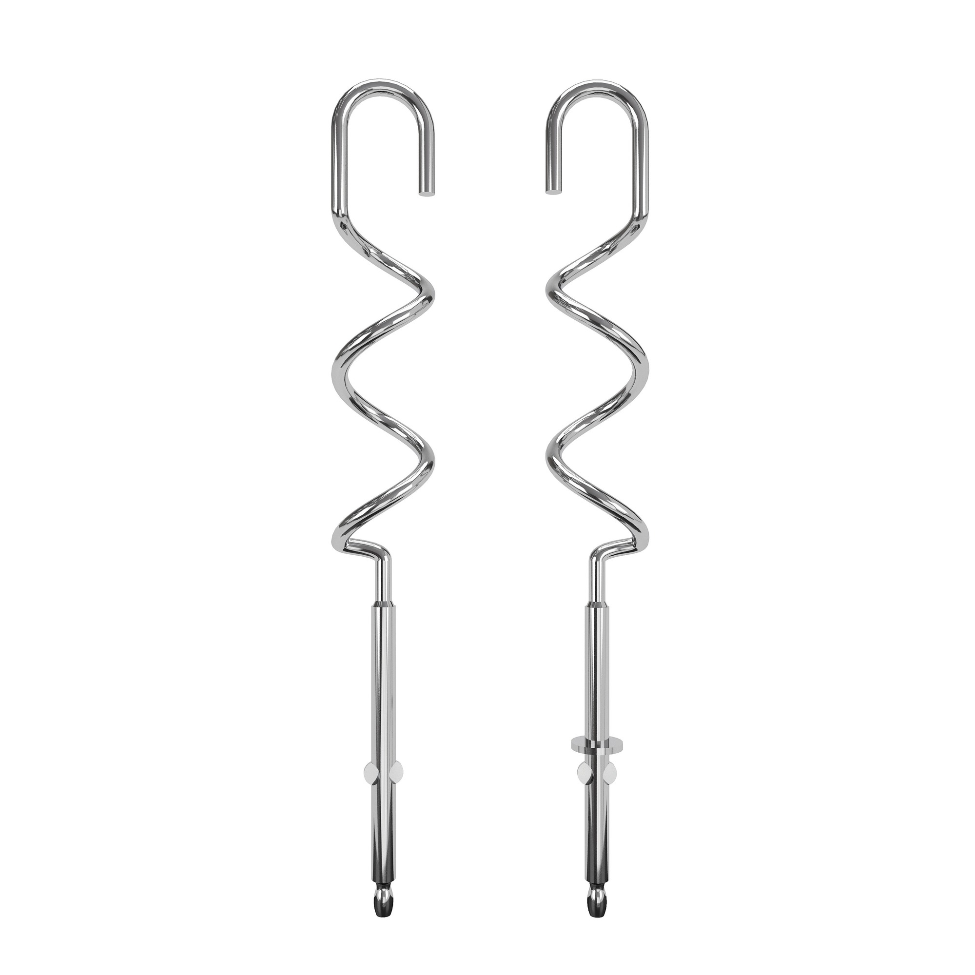 Two chrome-colored mixer attachments with a spiral design.