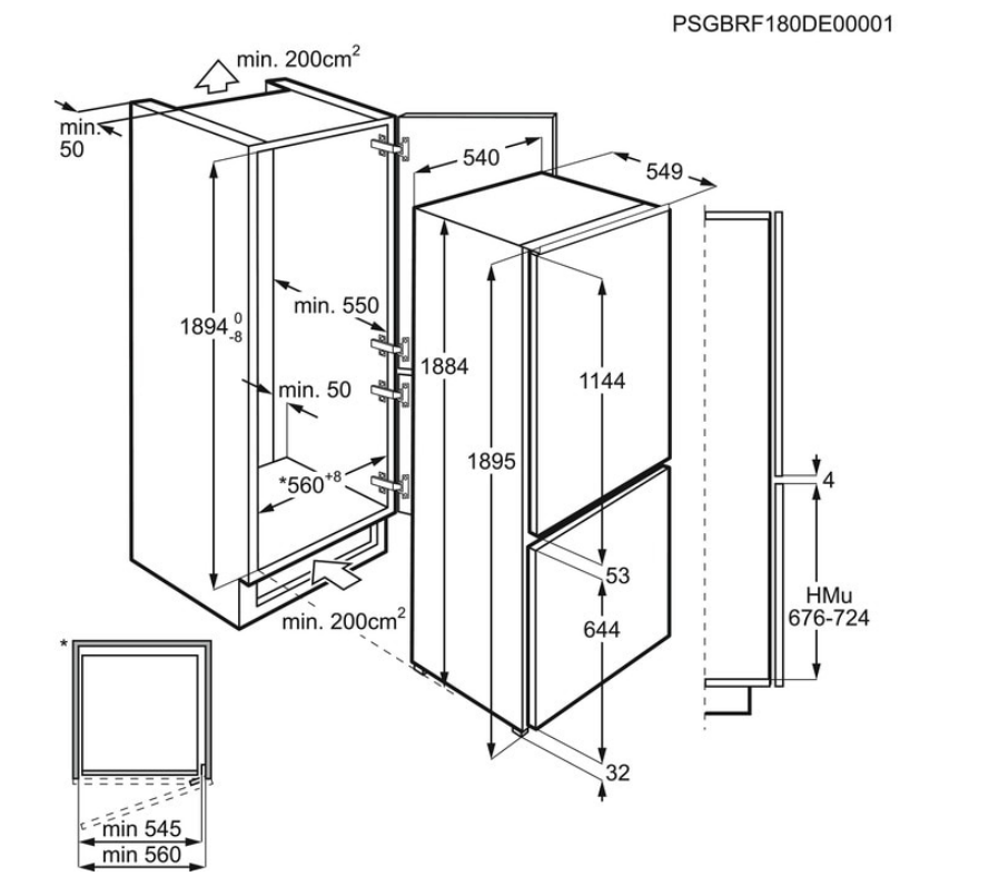 Hűtőszekrény diagramja méretekkel és műszaki adatokkal.