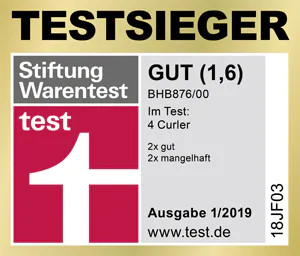 Testauszeichnungsaufkleber. Weißer Hintergrund, rotes 'test'-Logo, 'GUT'-Bewertung.