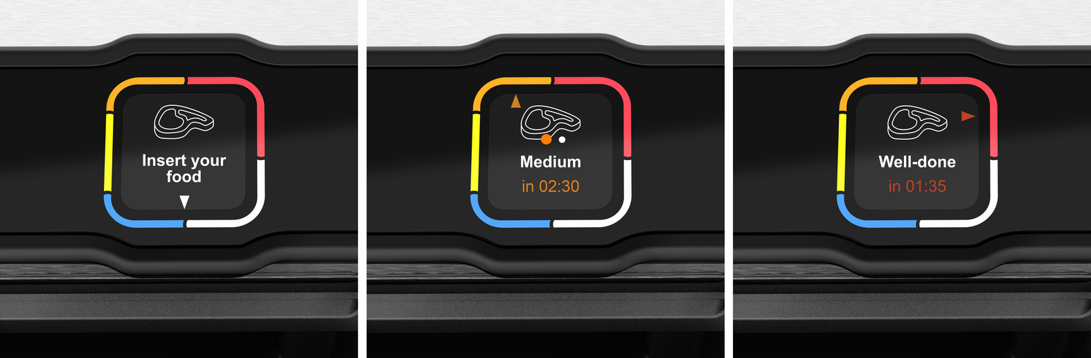 A close-up of a cooking appliance control panel with options to insert food, medium or well-done.