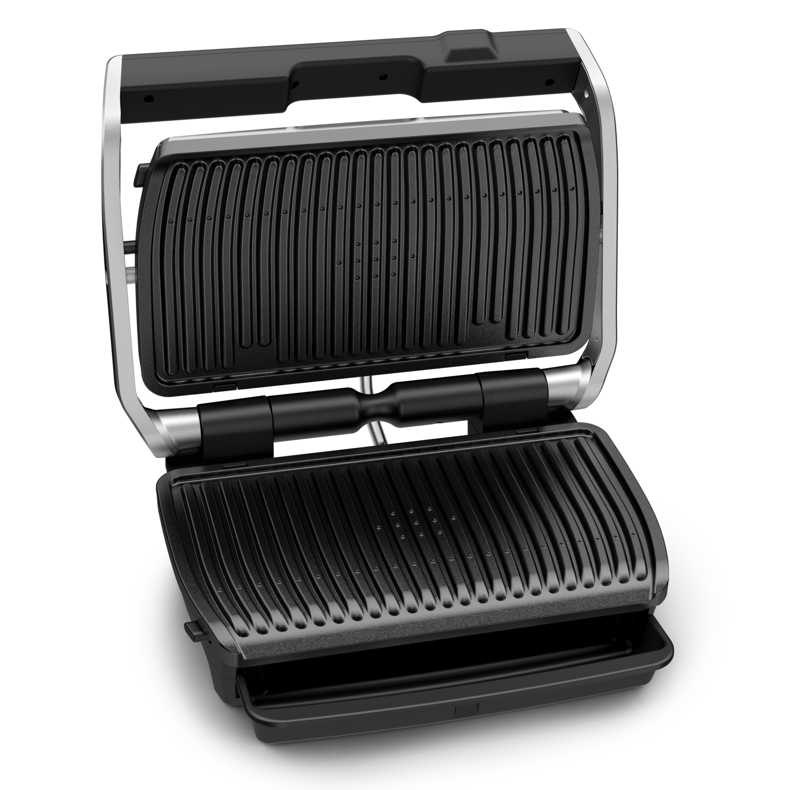 Open black panini press with grill marks.