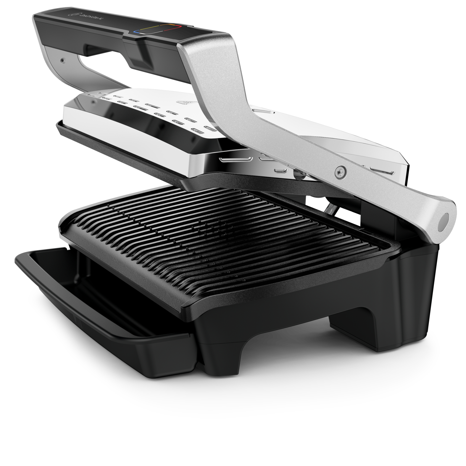 A black and silver grill with the top open, showing the grill surface.