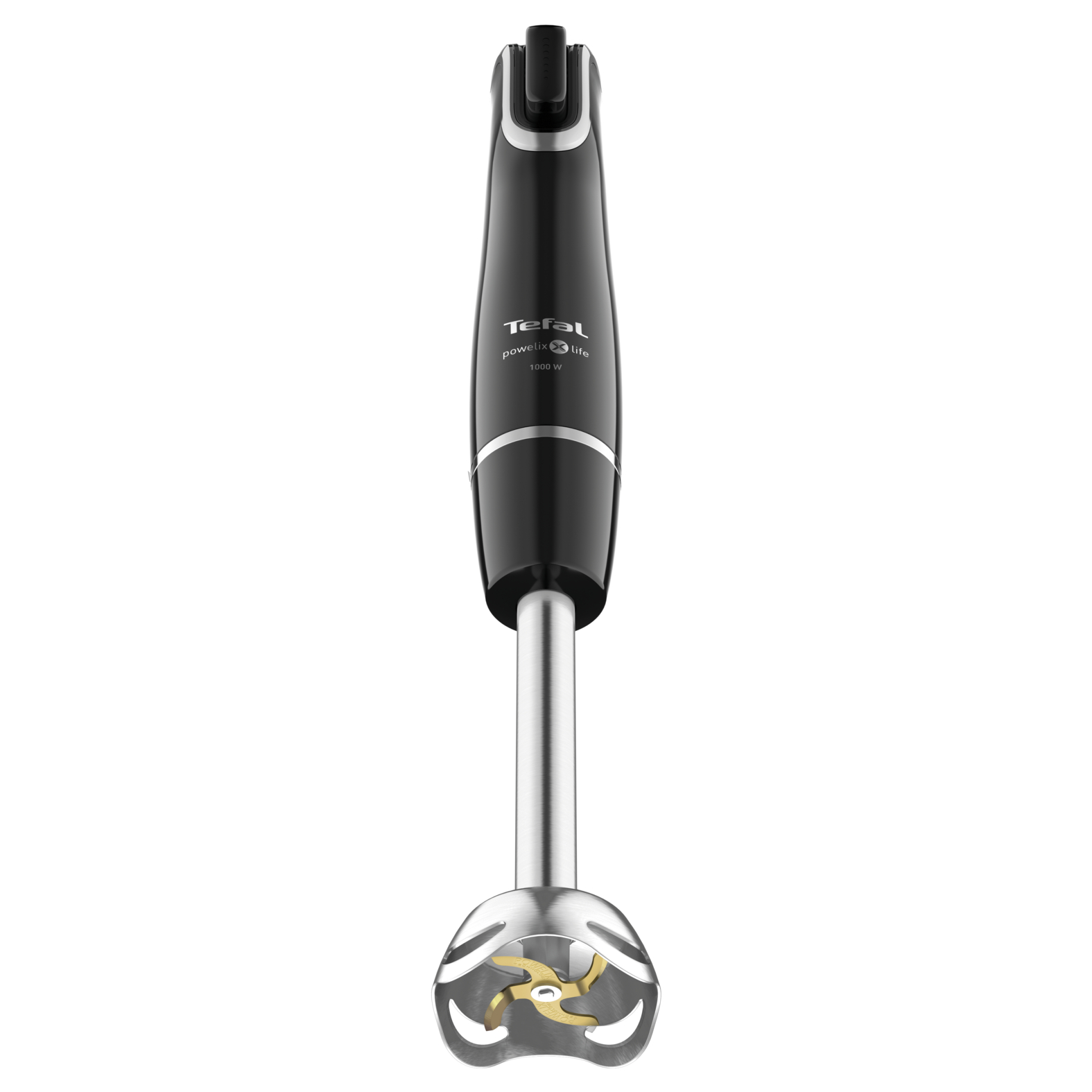 Een zwarte staafmixer met een zilveren basis. Het mes is goudkleurig. De blender staat op een witte achtergrond.
