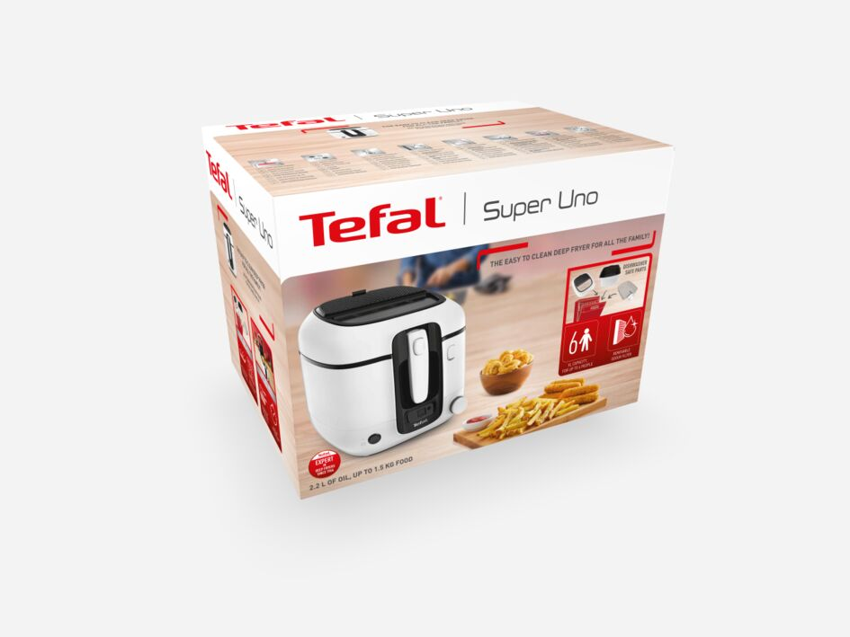 A box for a deep fryer with an image of the fryer and food. Text in multiple languages.