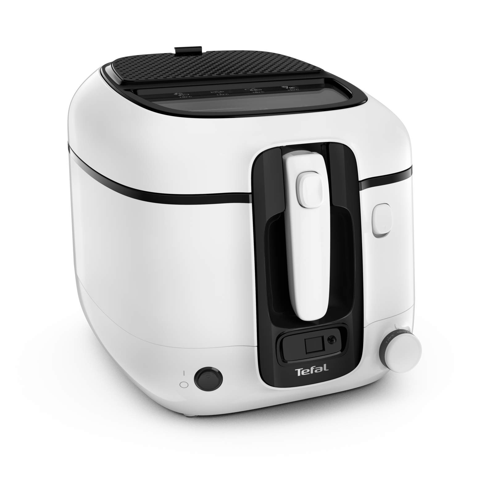 A white deep fryer with black accents, a black lid, and a control knob, isolated on white.