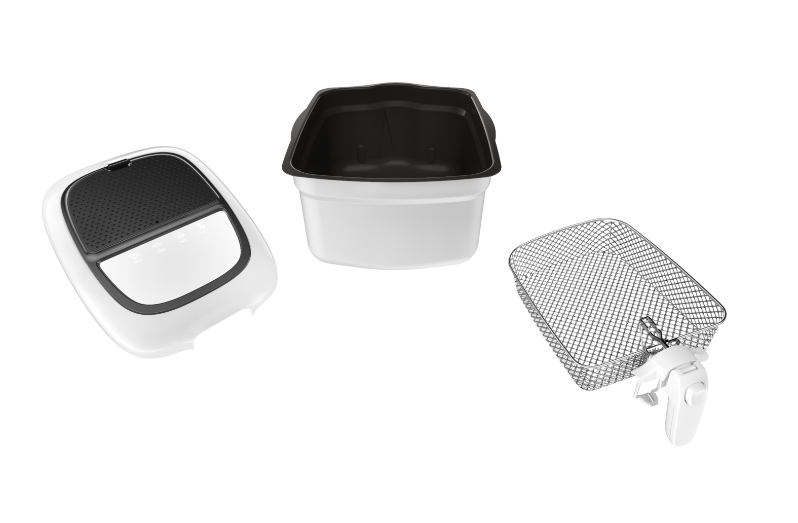 Three parts of a deep fryer: lid, container, and a basket, all white.
