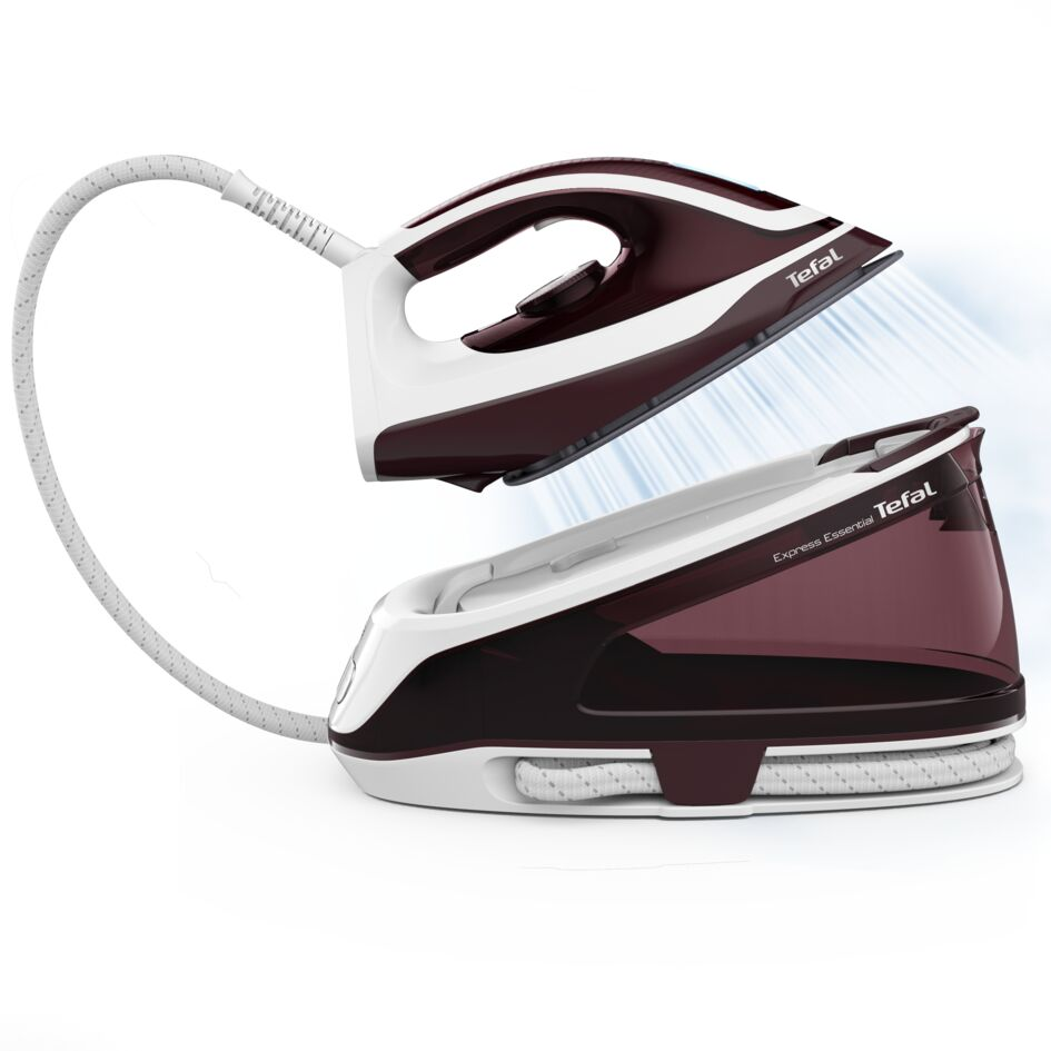 White and maroon steam iron, steam coming out. Iron sits atop the base. White background.