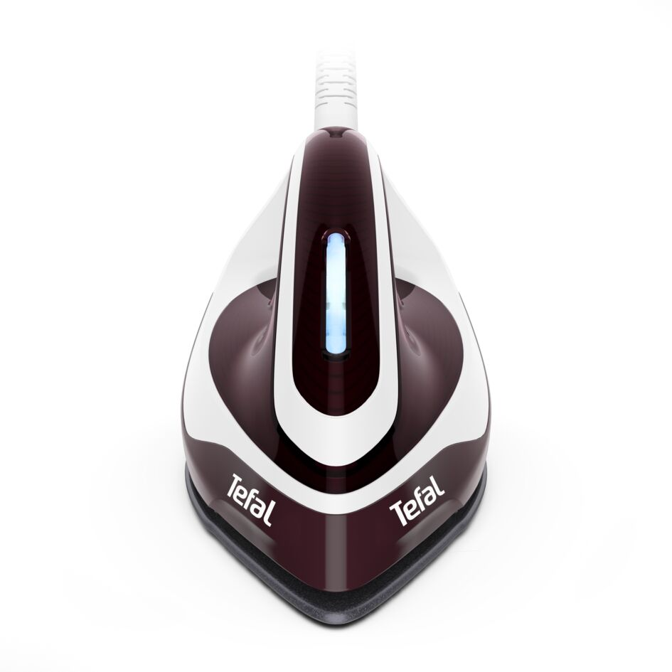 Tefal iron, top-down view. Maroon and white color scheme. Blue indicator light. White background.