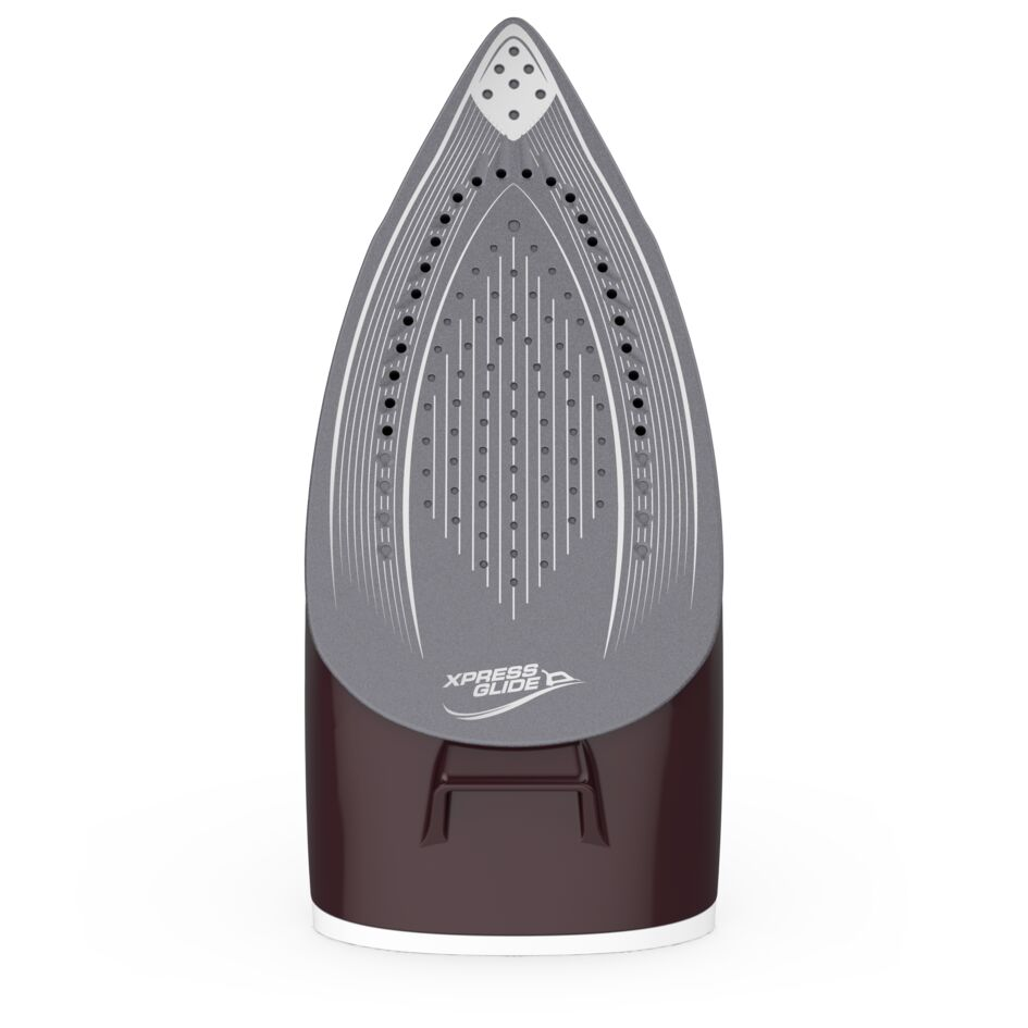 Close-up of an iron soleplate, gray with holes and the Xpress Glide logo, and a burgundy base.