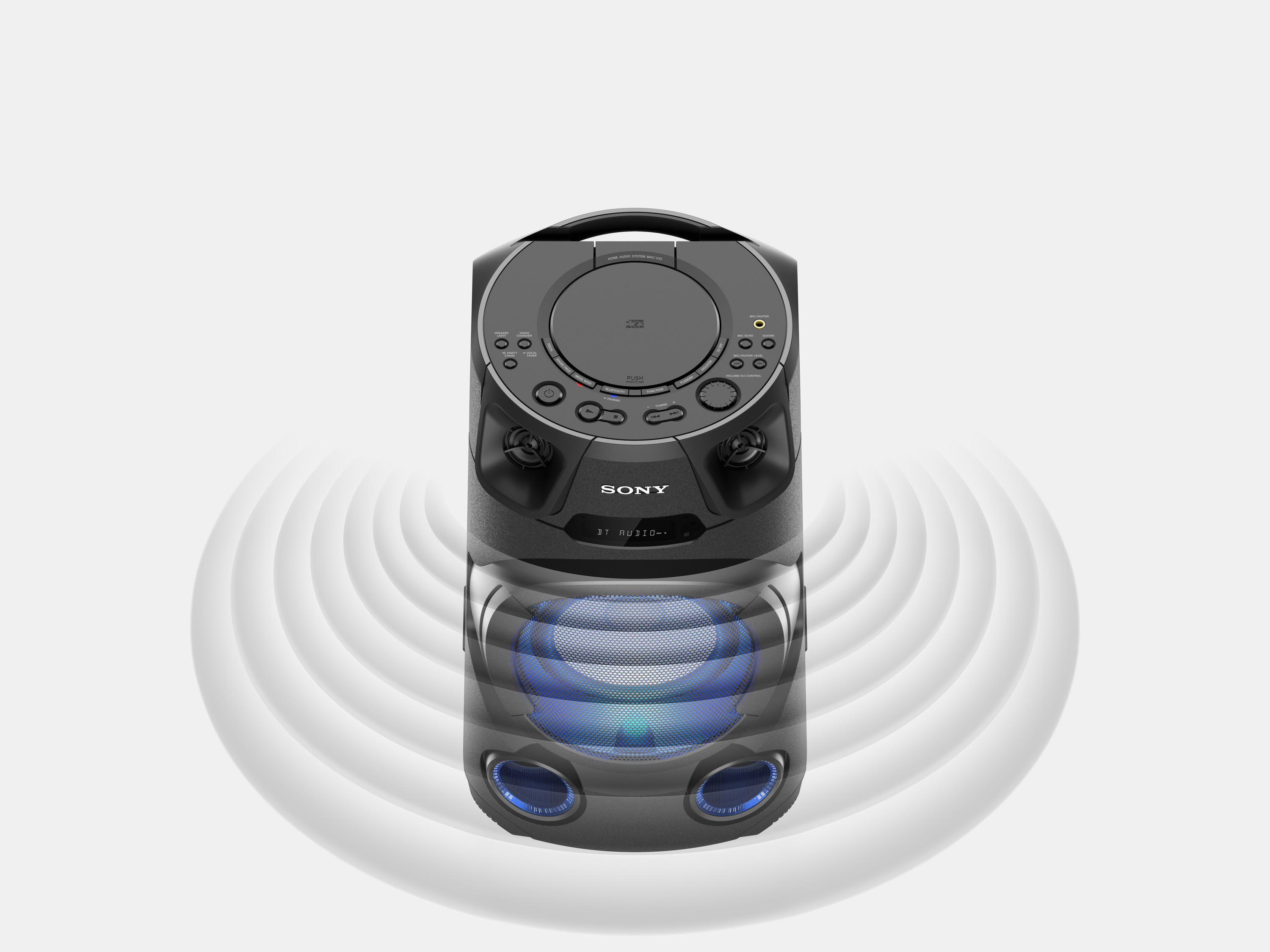 Schwarzer Sony-Lautsprecher mit CD-Player. Er hat einen Griff oben und einen Lautsprecher unten.