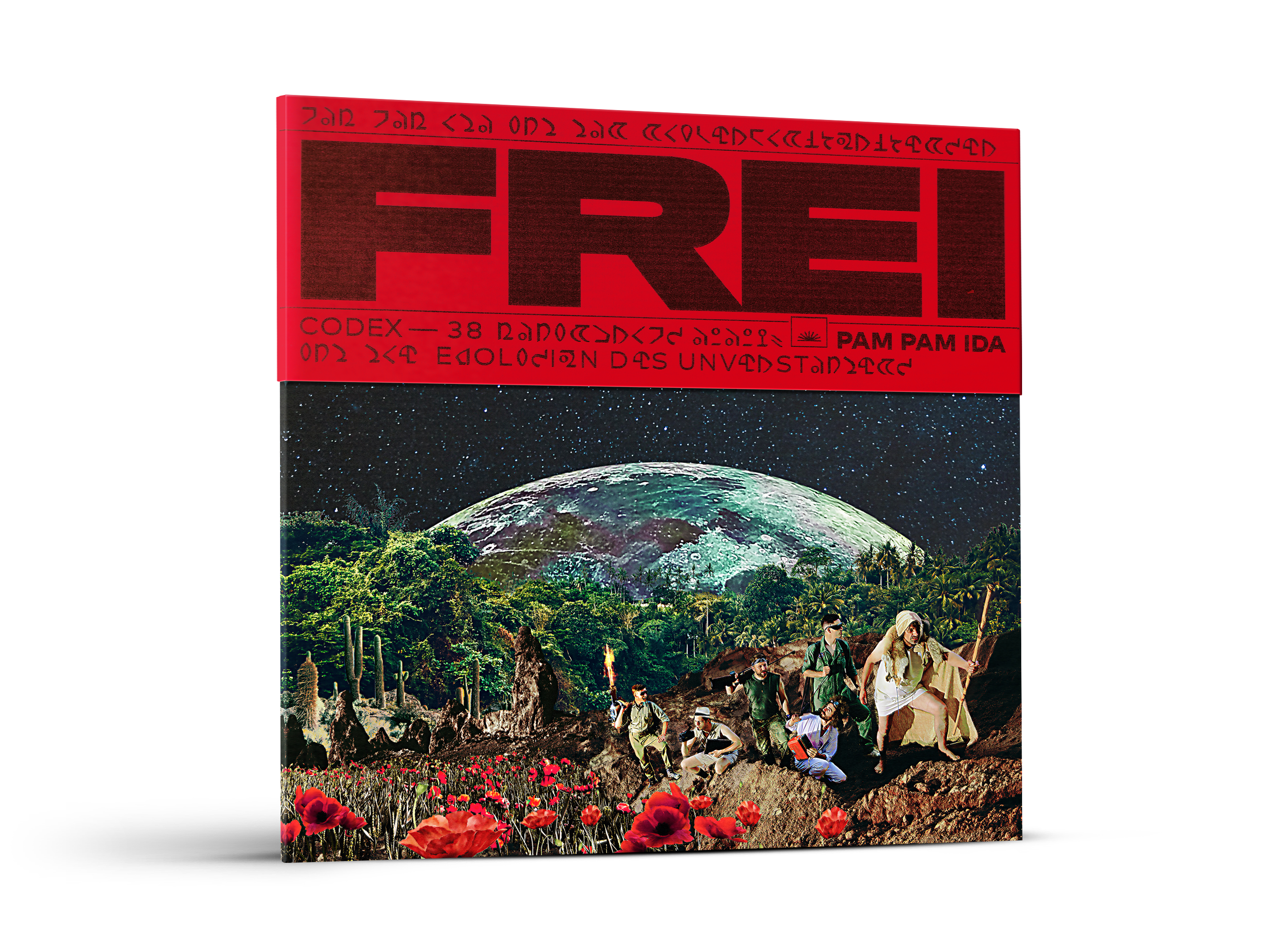 Ein rotes Buch mit dem Titel 'FREI' mit einer stilisierten Grafik und einer Personengruppe im Hintergrund.
