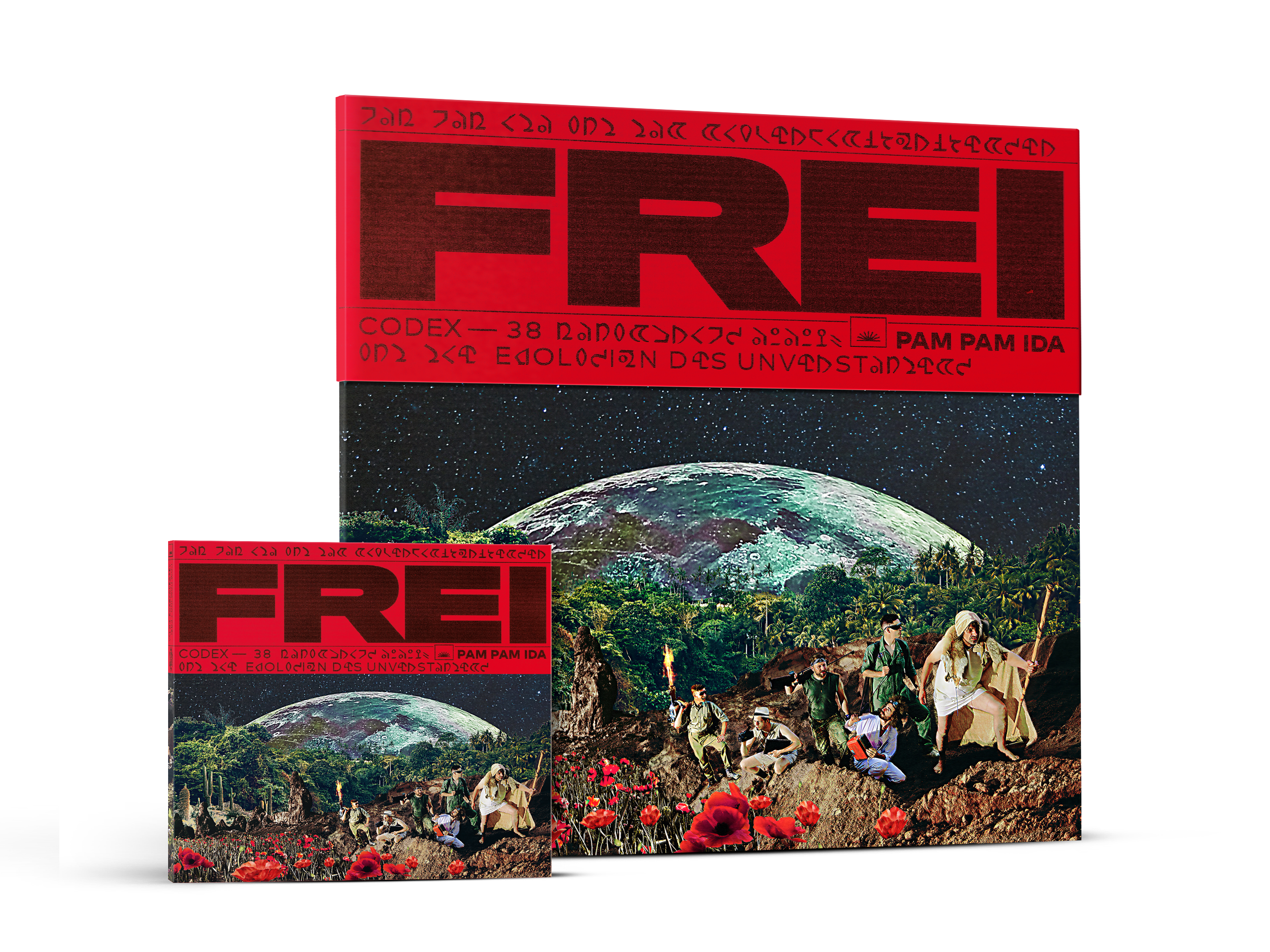 Ein rotes Albumcover mit der Aufschrift FREI und ein kleineres Albumcover mit Personen darauf.
