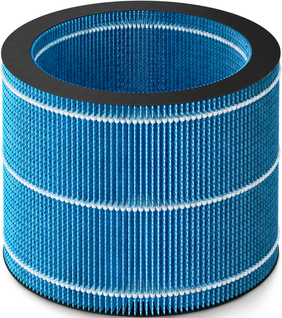 Blauer zylindrischer Luftfilter mit blau-weißen Plissierschichten, schwarzen Rändern.