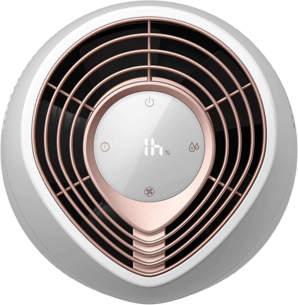 Kreisförmiger Ventilator mit roségoldenen Akzenten und Digitalanzeige.