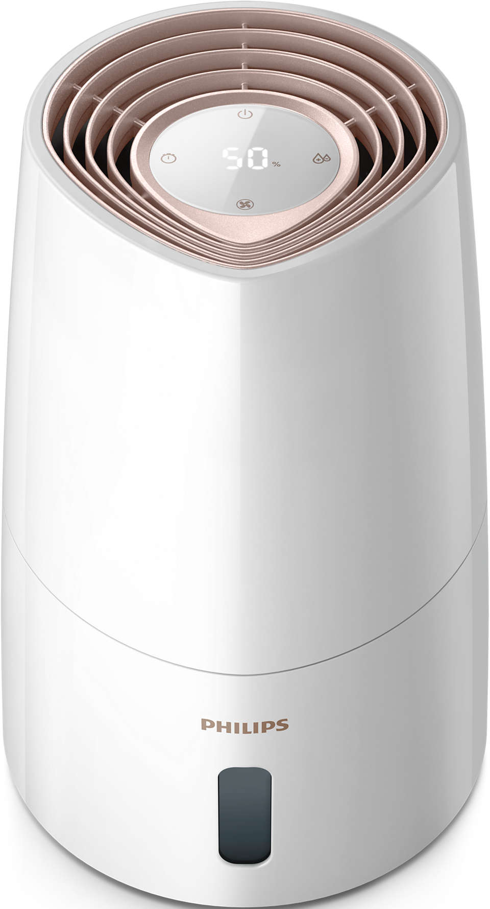 Weißer und roségoldener Philips Luftbefeuchter mit Display oben, auf weißem Hintergrund.