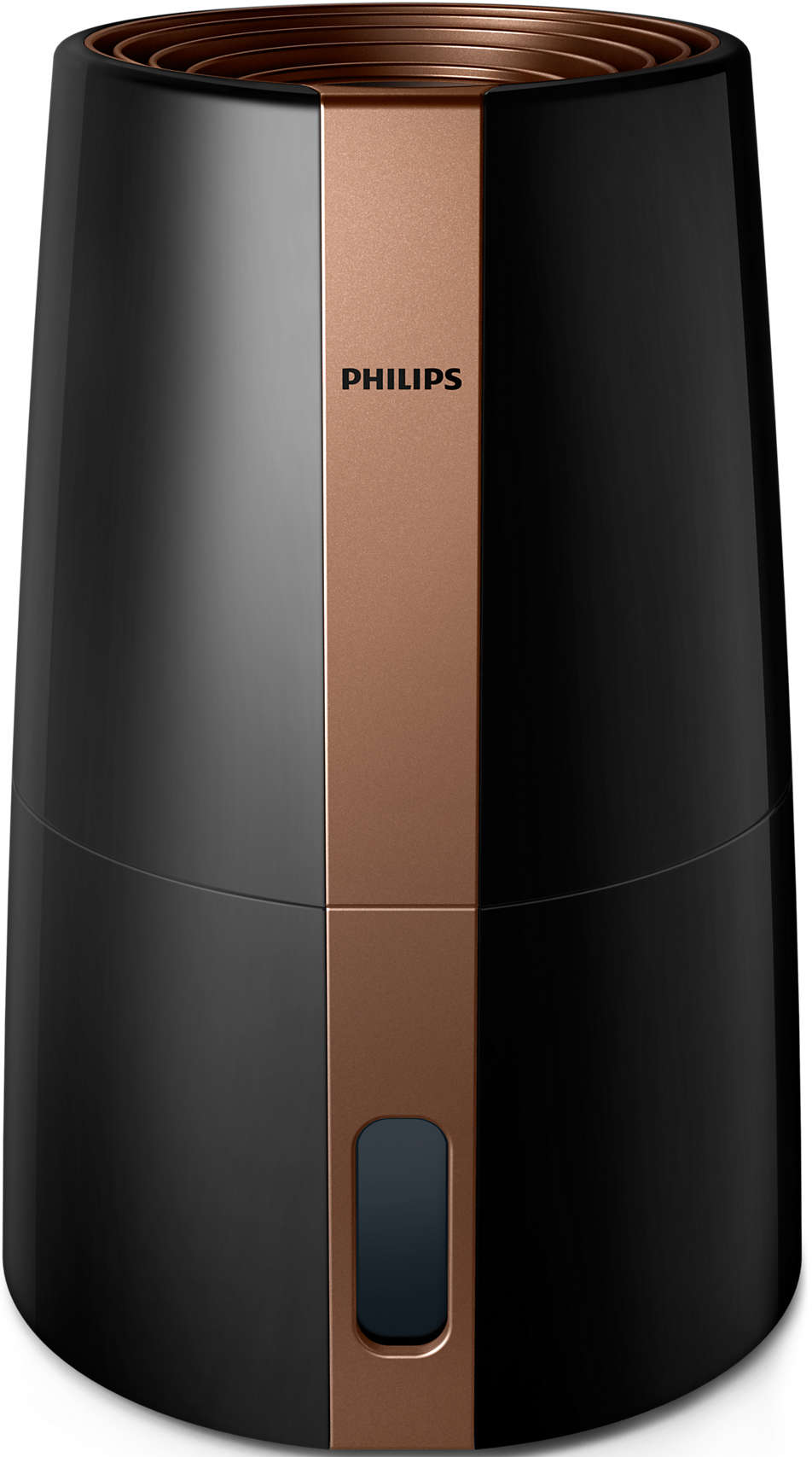 Ein schwarzer und kupferfarbener Philips Luftbefeuchter mit Wasserstandsanzeige.