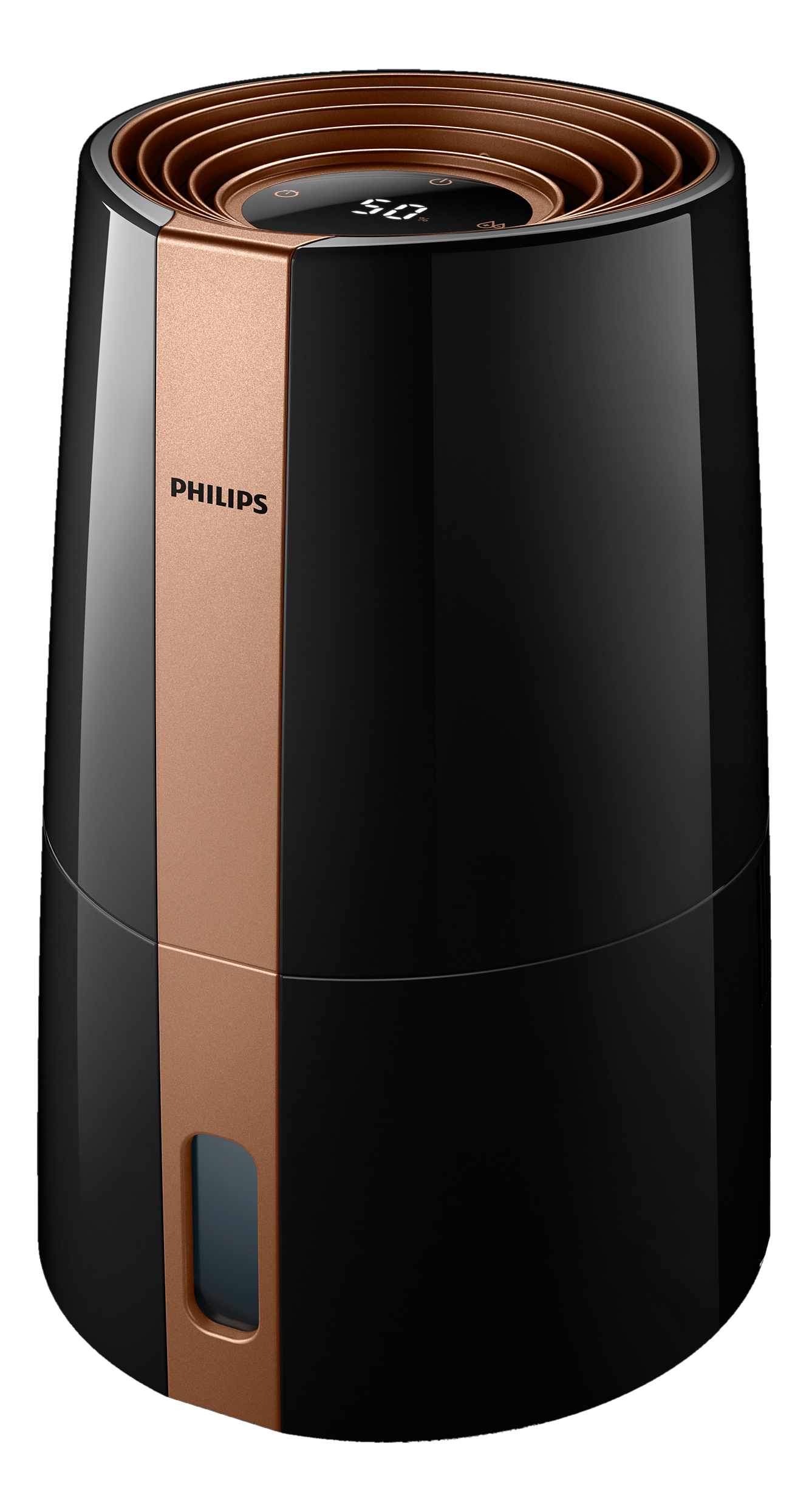 Schwarzer und kupferfarbener Philips Luftbefeuchter. Mit Digitalanzeige und Wasserstandsanzeige.