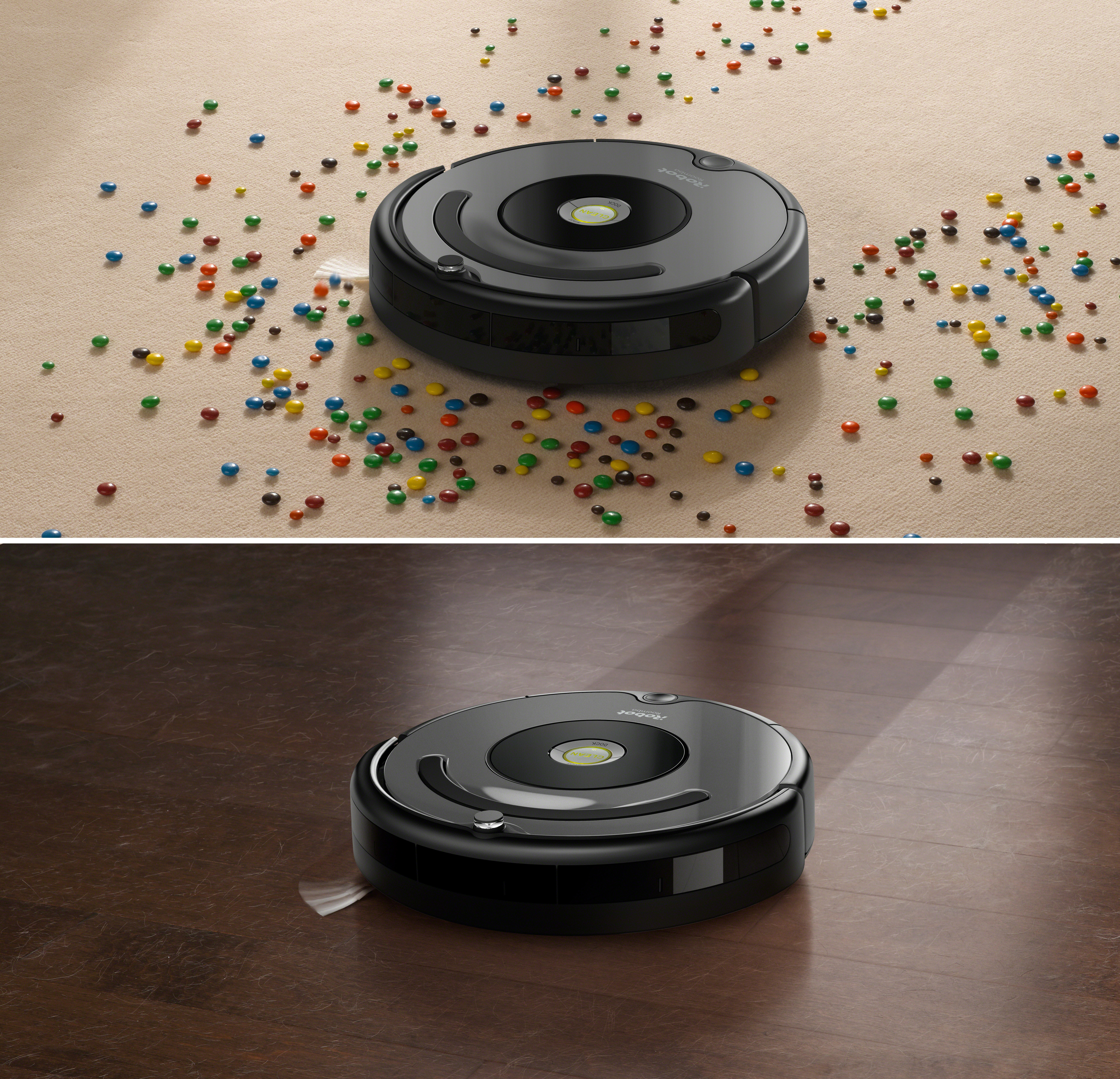 Schwarzer Roboter-Staubsauger reinigt einen Teppich mit bunten Objekten. Der Roboter hat ein schlankes Design.