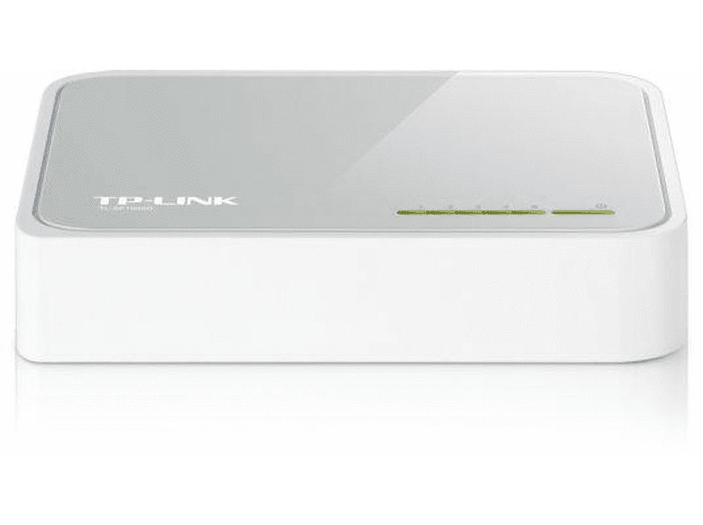 Un switch TP-Link blanco con luces verdes en la parte superior y un fondo blanco. Es un dispositivo de red.