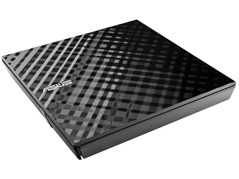 Unidad de DVD externa negra con un patrón de líneas diagonales. El logotipo de ASUS es visible.