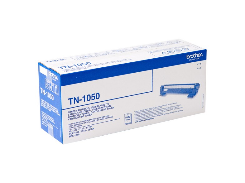 Una caja de cartucho de tóner Brother TN-1050, con el cartucho visible dentro.