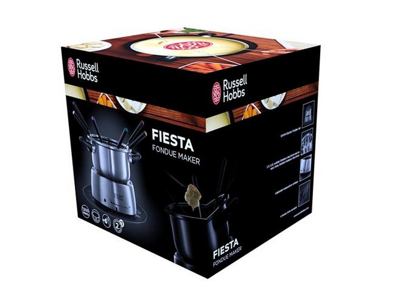 Una caja de Russell Hobbs Fiesta Fondue Maker. Presenta imágenes de un juego de fondue y texto.